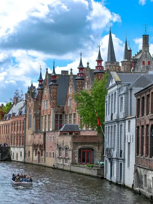 Canal and historic buildings in Bruges, Belgium