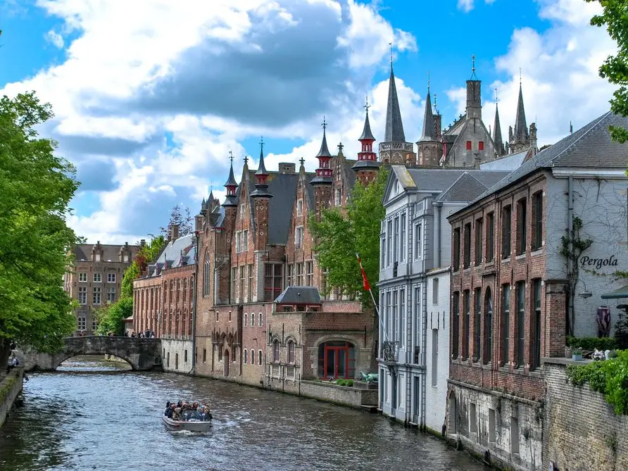 Canal and historic buildings in Bruges, Belgium