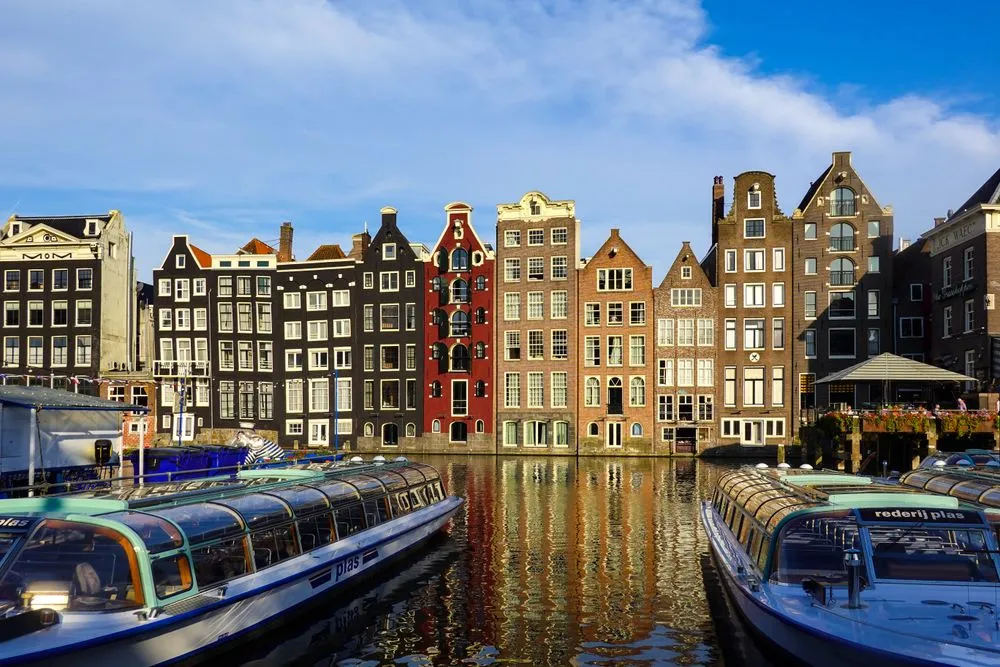 Canal houses and boats in Amsterdam