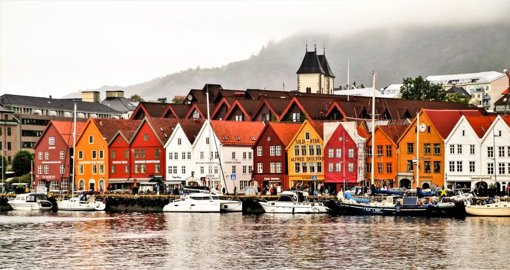 The historic wooden waterfront of Bryggen in Bergen, Norway