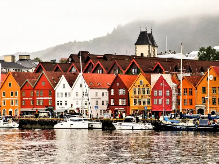 The historic wooden waterfront of Bryggen in Bergen, Norway