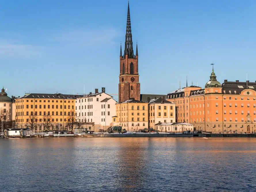 Stockholm's old town waterfront at golden hour