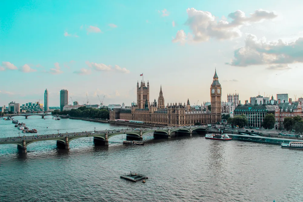 Aerial view of Westminster, Big Ben and the River Thames in London