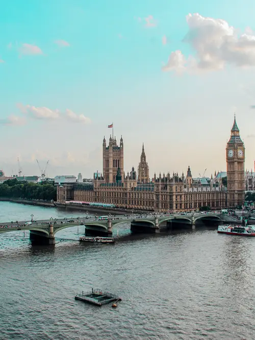 Aerial view of Westminster, Big Ben and the River Thames in London