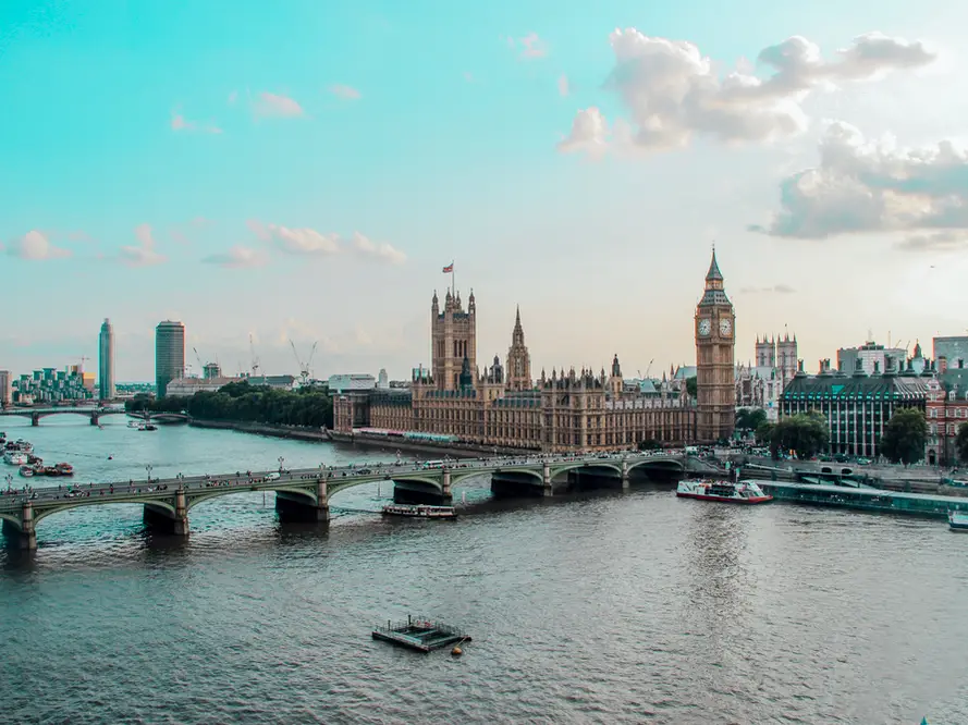 Aerial view of Westminster, Big Ben and the River Thames in London